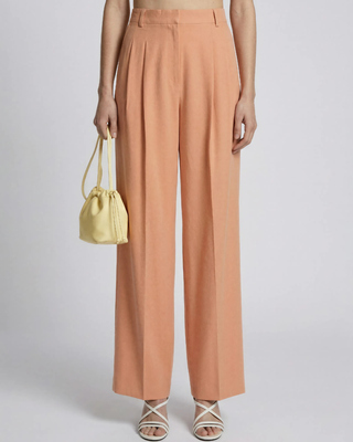 Pantalon de tailleur &agrave; pinces large en lin et coton orange clair