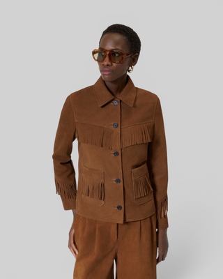 Blouson en cuir su&egrave;de avec franges camel