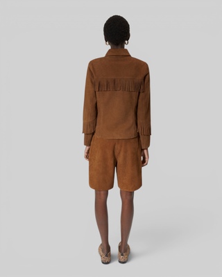 Blouson en cuir su&egrave;de avec franges camel