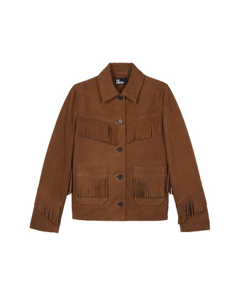 Blouson en cuir su&egrave;de avec franges camel
