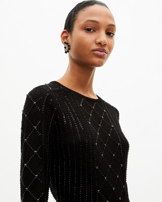 Robe courte en maille avec strass et perles noire