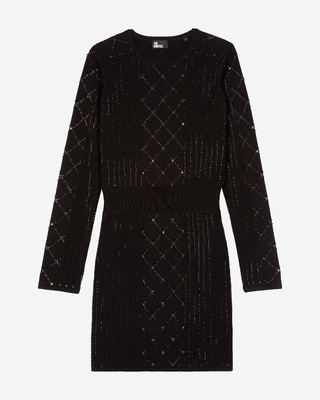 Robe courte en maille avec strass et perles noire