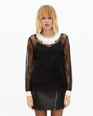 Top en dentelle plumetis avec strass noir