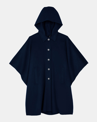 Navy blue long hooded wool-blend cape
