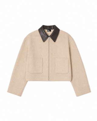 Reversible wool jacket with a beige leather collar