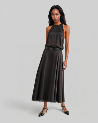 Brown satin maxi dress with a crossover back