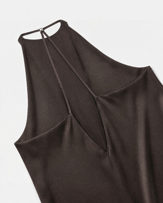 Brown satin maxi dress with a crossover back