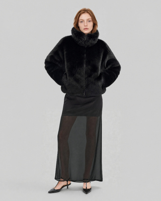 Black faux fur coat with a high collar