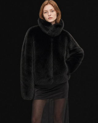 Black faux fur coat with a high collar