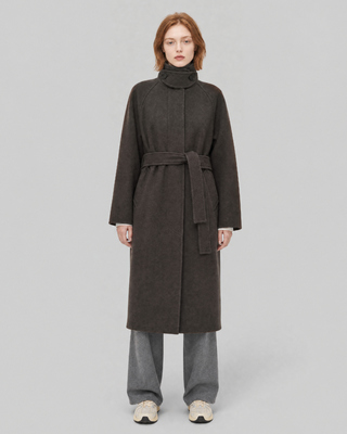 Brown wool-blend coat with a stand-up collar