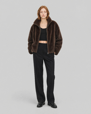 Brown faux fur coat with a zipper