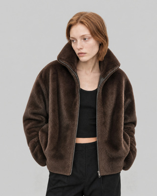 Brown faux fur coat with a zipper