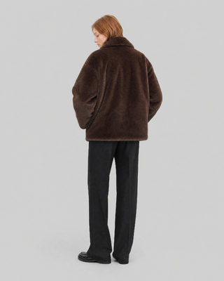 Brown faux fur coat with a zipper