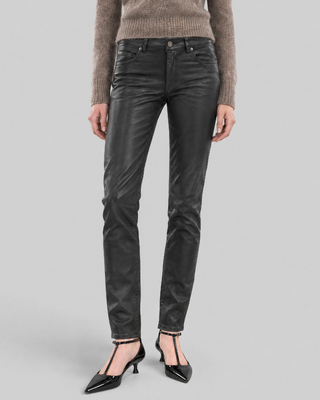 Black slim-fit jeans with a coated finish