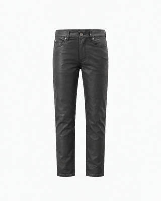 Black slim-fit jeans with a coated finish