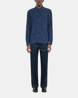 Blue and white polka dot print shirt