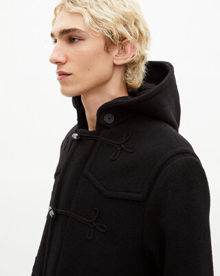 Long black wool coat with Brandenburg closure