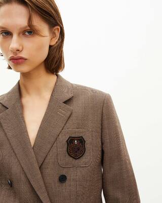 Double-breasted wool suit jacket with camel coat of arms