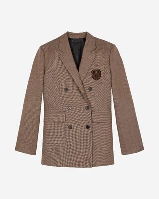 Double-breasted wool suit jacket with camel coat of arms