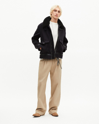 Navy wool jacket with sherpa collar