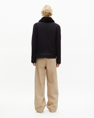 Navy wool jacket with sherpa collar