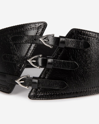 Corset belt in black leather with buckles