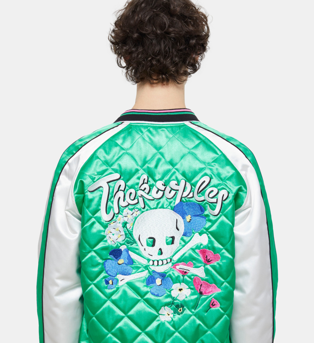 The Kooples MEN GREEN-WHITE two-tone satin teddy jacket with embroidery