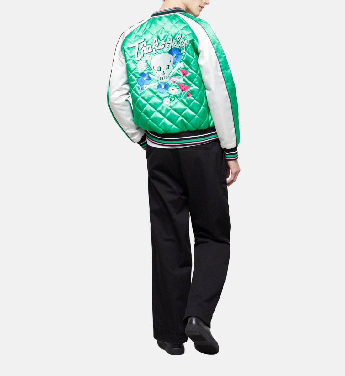 The Kooples MEN GREEN-WHITE two-tone satin teddy jacket with embroidery