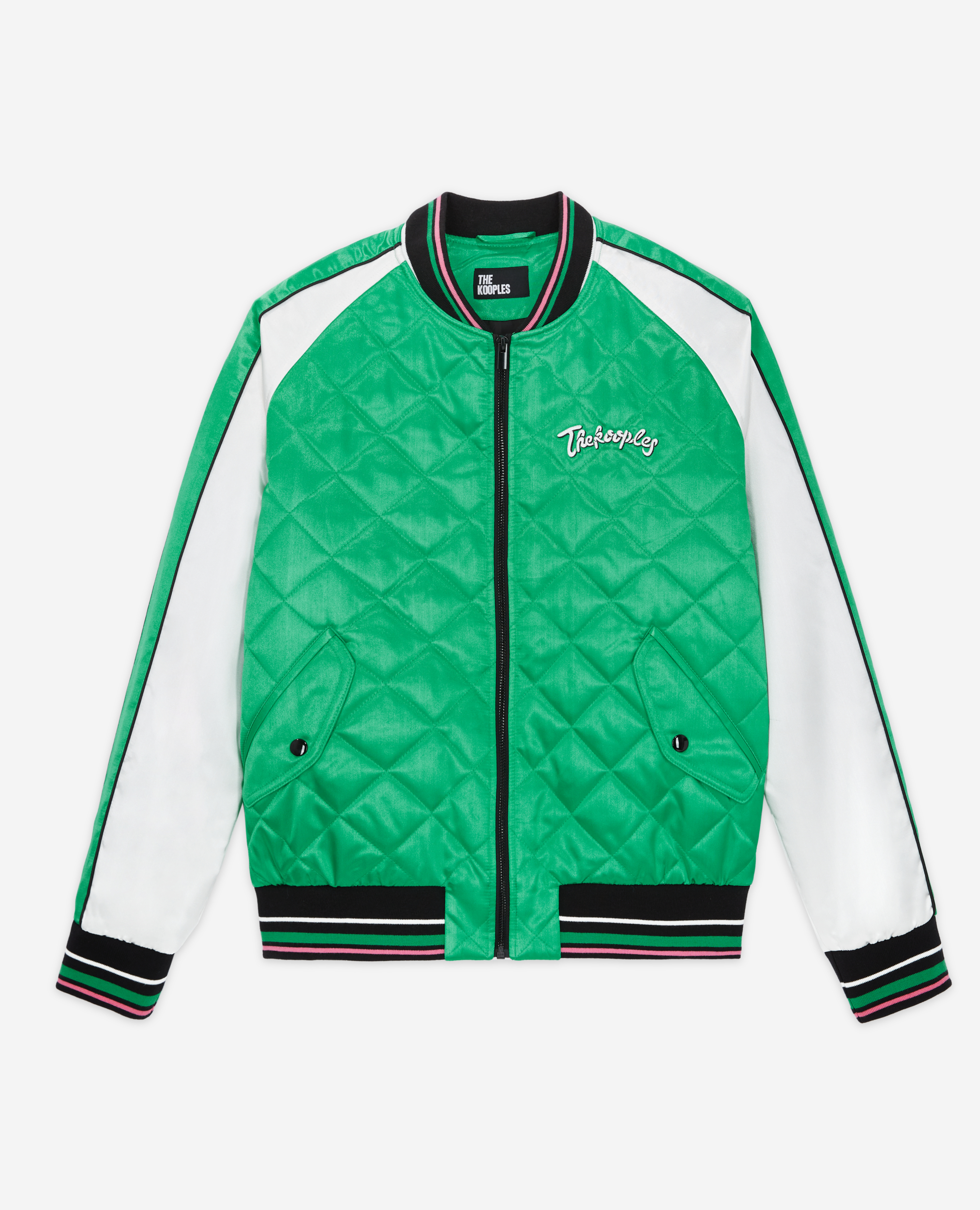 The Kooples MEN GREEN-WHITE two-tone satin teddy jacket with embroidery