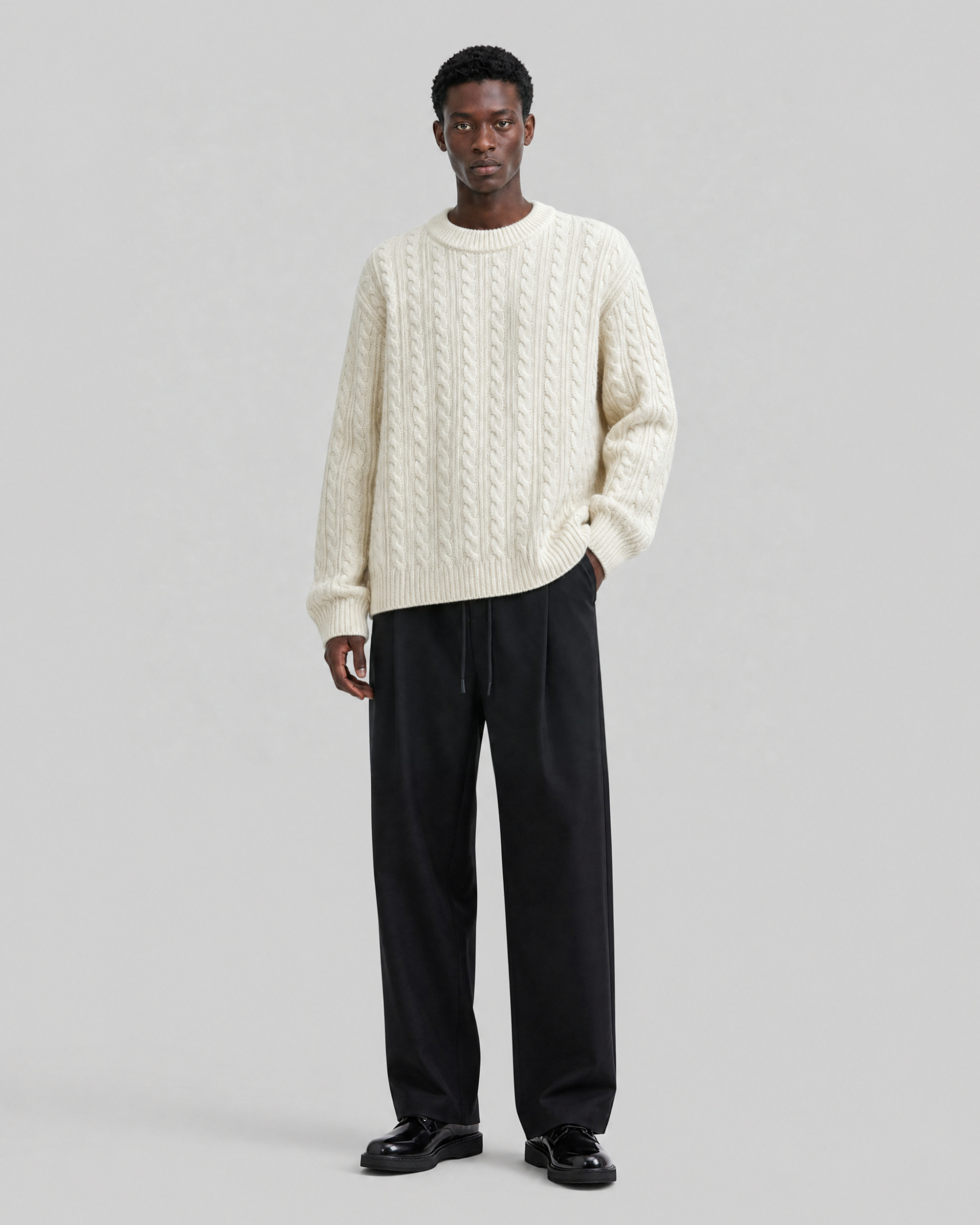 Ecru Wool Cable-Knit Crew Neck Sweater