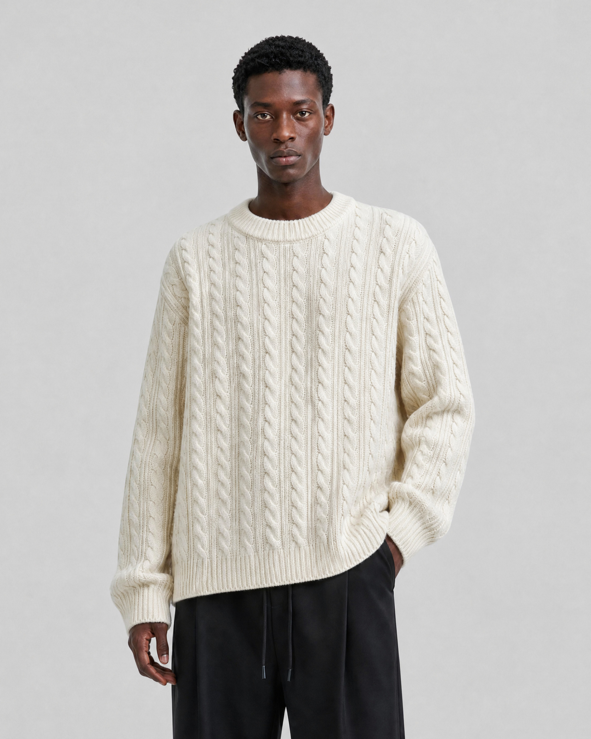 Ecru Wool Cable-Knit Crew Neck Sweater