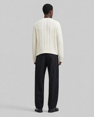 Ecru Wool Cable-Knit Crew Neck Sweater