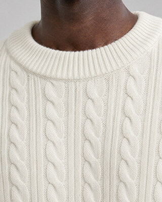 Ecru Wool Cable-Knit Crew Neck Sweater