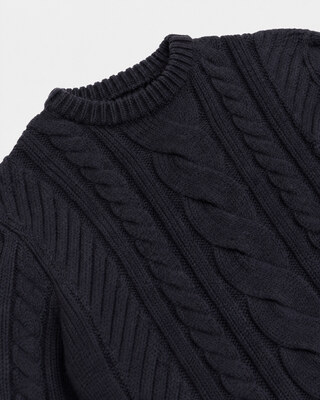 Navy Wool Cable-Knit Crew-Neck Sweater