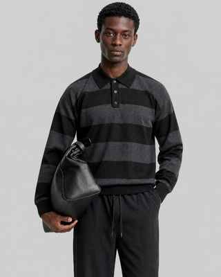 Gray Striped Wool Polo-Neck Sweater