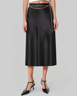 Satin midi skirt with a black and gold chain