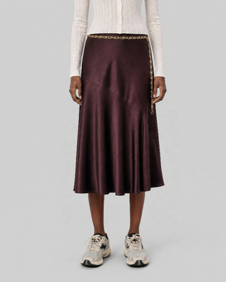 Satin midi skirt with a brown and gold chain