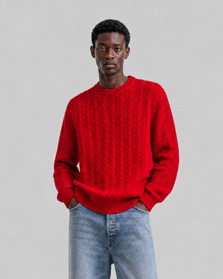 Red Wool Cable-Knit Crew-Neck Sweater