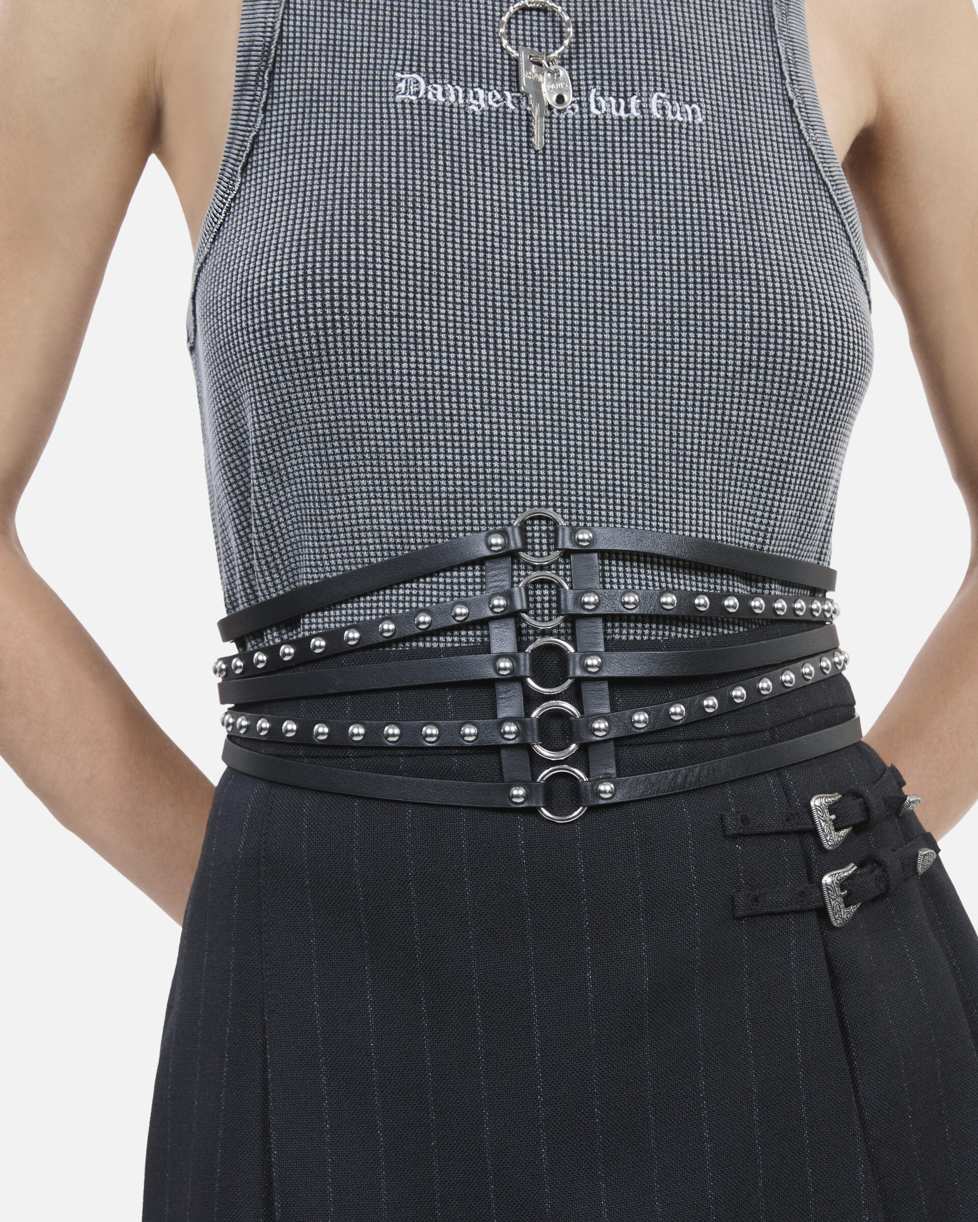 Black leather corset belt with studs Women | The Kooples